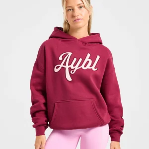 Script Embroidered Oversized Hoodie - Burgundy/Pink