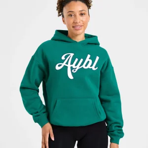 Script Embroidered Oversized Hoodie - Sports Green